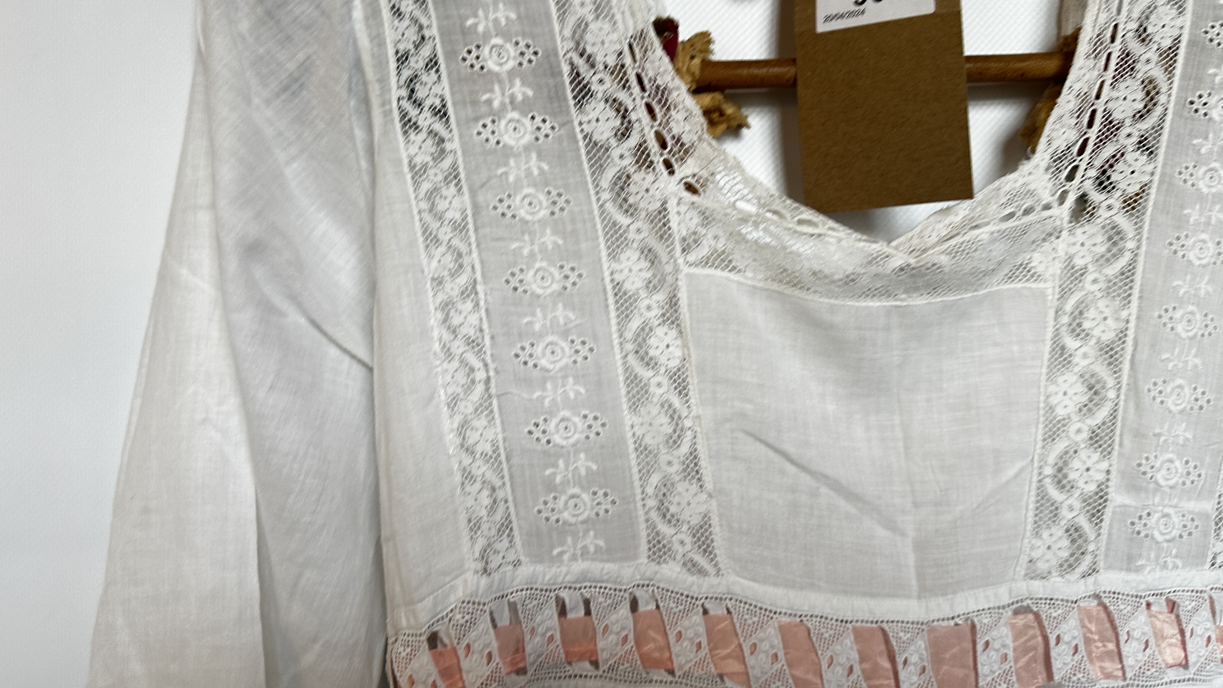 EDWARDIAN WHITE EMBROIDERED AND LACE NIGHTDRESS WITH PINK RIBBON TO SLEEVE AND BODICE - A/F - Image 19 of 27