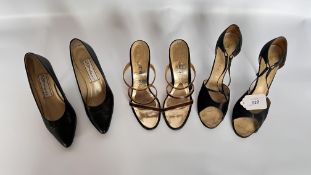 3 PAIRS OF LADY’S SHOES - 1970S RAYNE BLACK SATIN, OPEN TOED. DOLCIS BLACK LEATHER, SIZE 36.