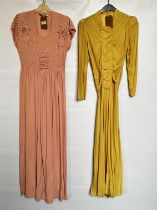 1940S YELLOW CREPE GOWN, LONG SLEEVES, BELTED,