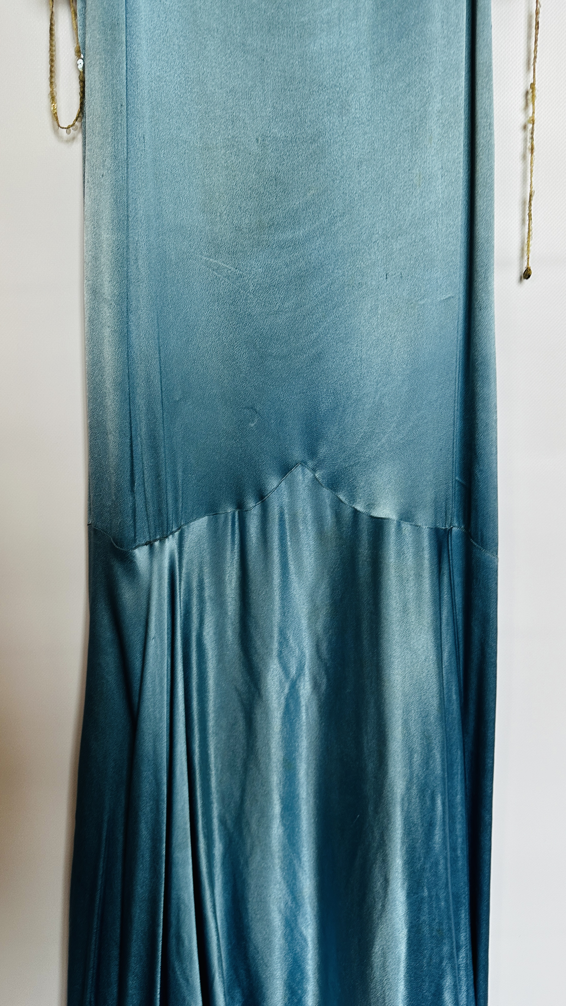 1920S BLUE SATIN EVENING GOWN, FRILLED NECKLINE & SLEEVES, - Image 12 of 15