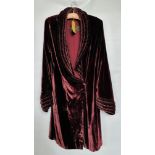 1920S WINE VELVET ¾ EVENING JACKET (HARVEY NICHOLL), RUCHED COLLAR,