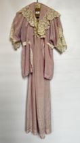 EDWARDIAN LILAC NIGHTDRESS & JACKET, HEAVILY TRIMMED WITH CREAM LACE - A/F CONDITION, SOLD AS SEEN.