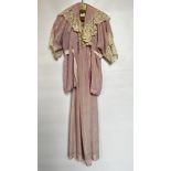 EDWARDIAN LILAC NIGHTDRESS & JACKET, HEAVILY TRIMMED WITH CREAM LACE - A/F CONDITION, SOLD AS SEEN.