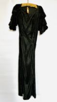 1930S FINE SILK BLACK STRIPED TAFFETA GOWN, FULL SHORT PUFF SLEEVES,