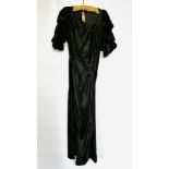 1930S FINE SILK BLACK STRIPED TAFFETA GOWN, FULL SHORT PUFF SLEEVES,