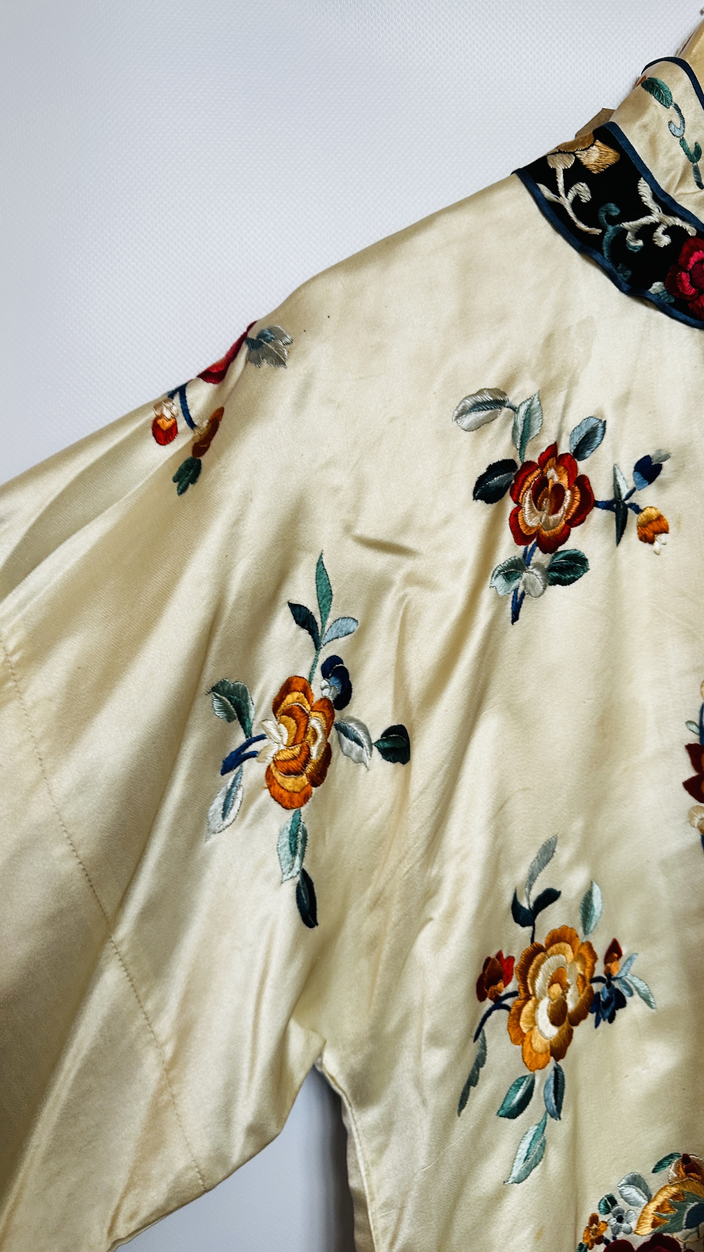 1920S CREAM SATIN CHINESE PYJAMAS, HEAVILY EMBROIDERED WITH FLOWERS, BLACK EMBROIDERED AT NECKLINE, - Image 12 of 36