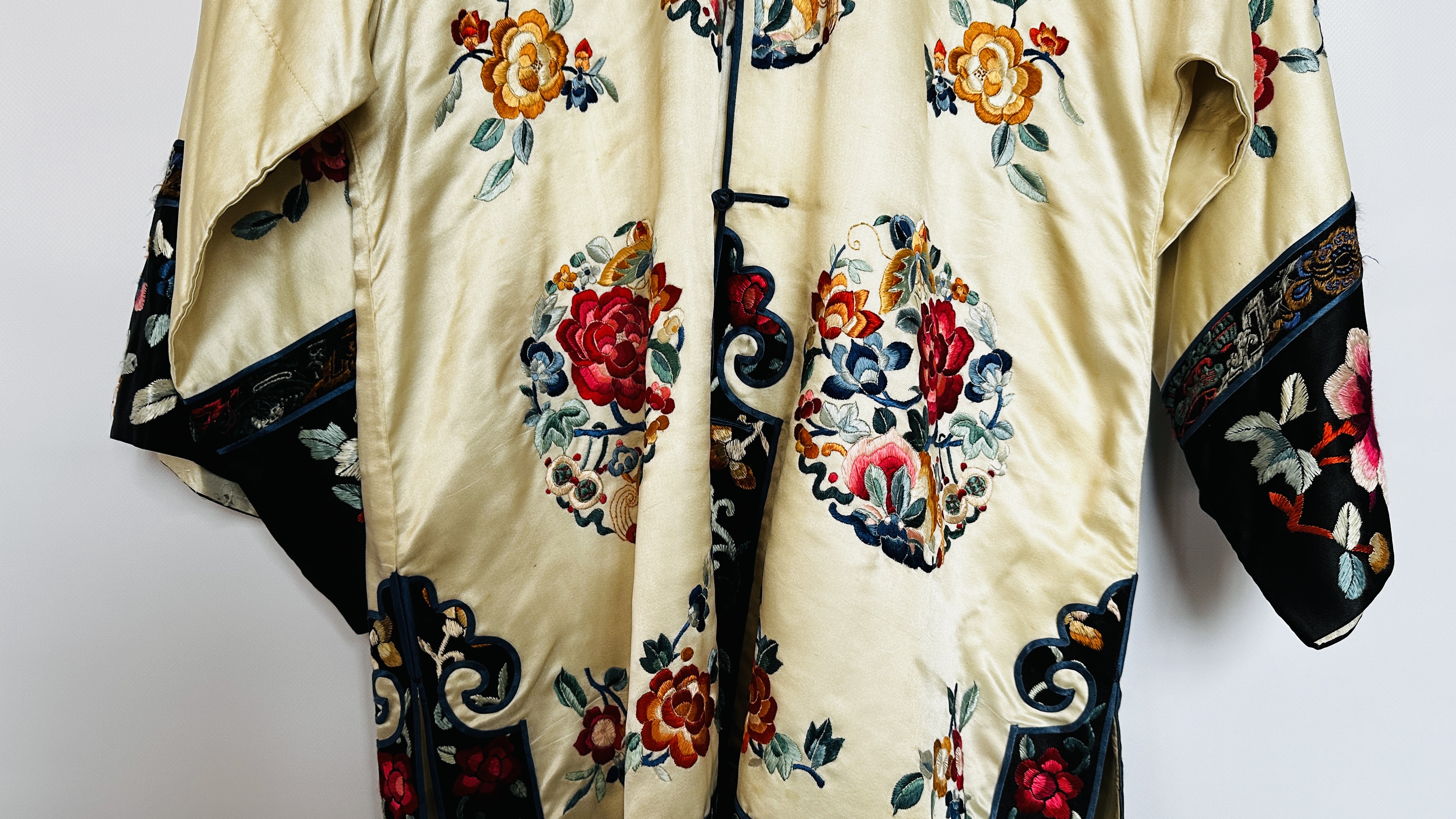 1920S CREAM SATIN CHINESE PYJAMAS, HEAVILY EMBROIDERED WITH FLOWERS, BLACK EMBROIDERED AT NECKLINE, - Image 4 of 36