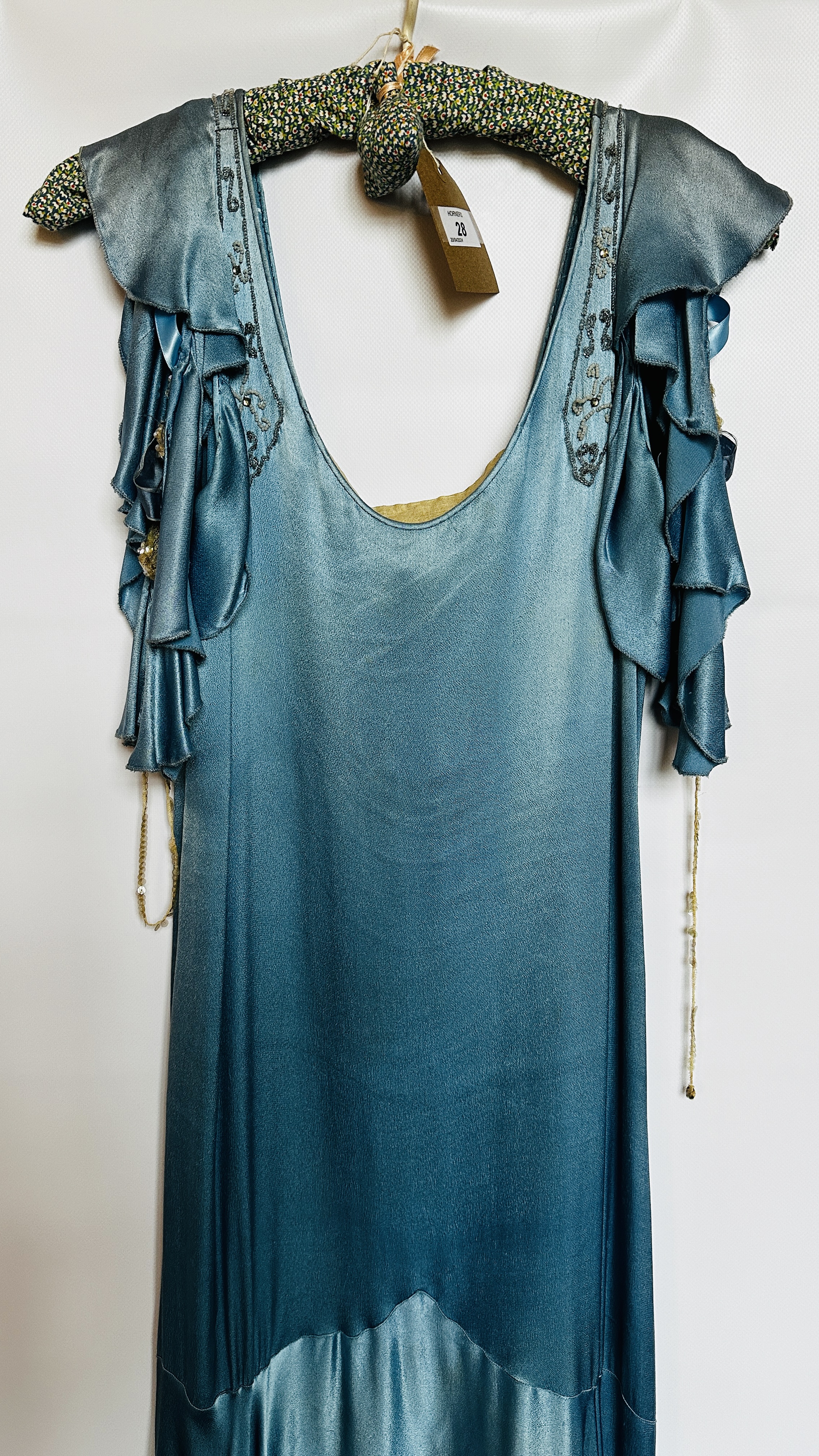 1920S BLUE SATIN EVENING GOWN, FRILLED NECKLINE & SLEEVES, - Image 10 of 15