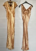 2 1930S SATIN NIGHTDRESSES, ONE PEACH WITH CAP SLEEVE,