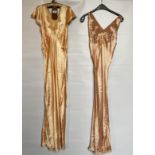 2 1930S SATIN NIGHTDRESSES, ONE PEACH WITH CAP SLEEVE,