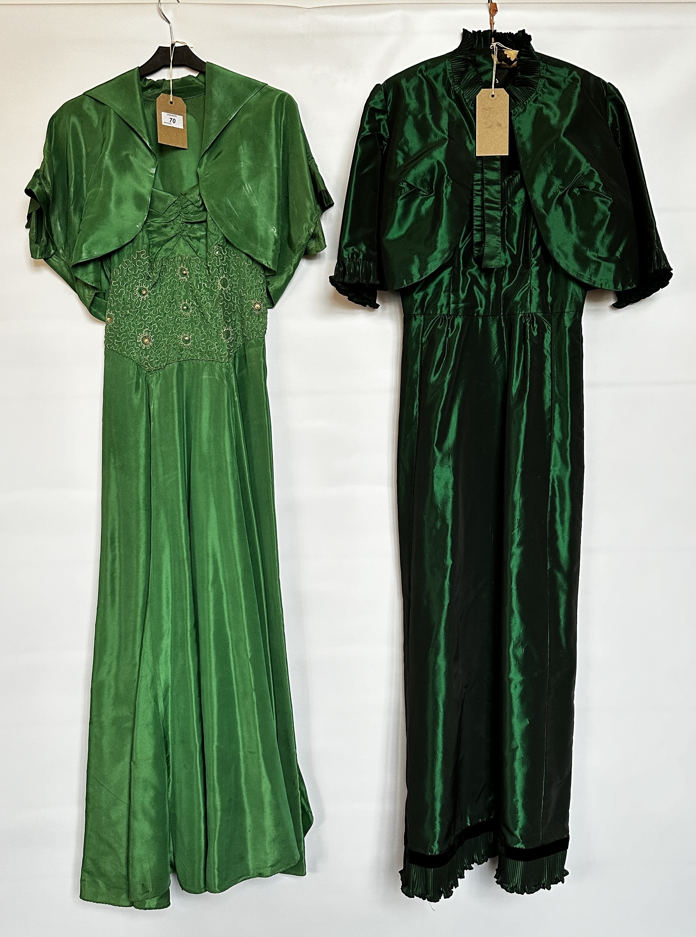 1940S GREEN SHOT TAFFETA EVENING DRESS WITH BOLERO,