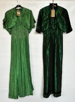 1940S GREEN SHOT TAFFETA EVENING DRESS WITH BOLERO,