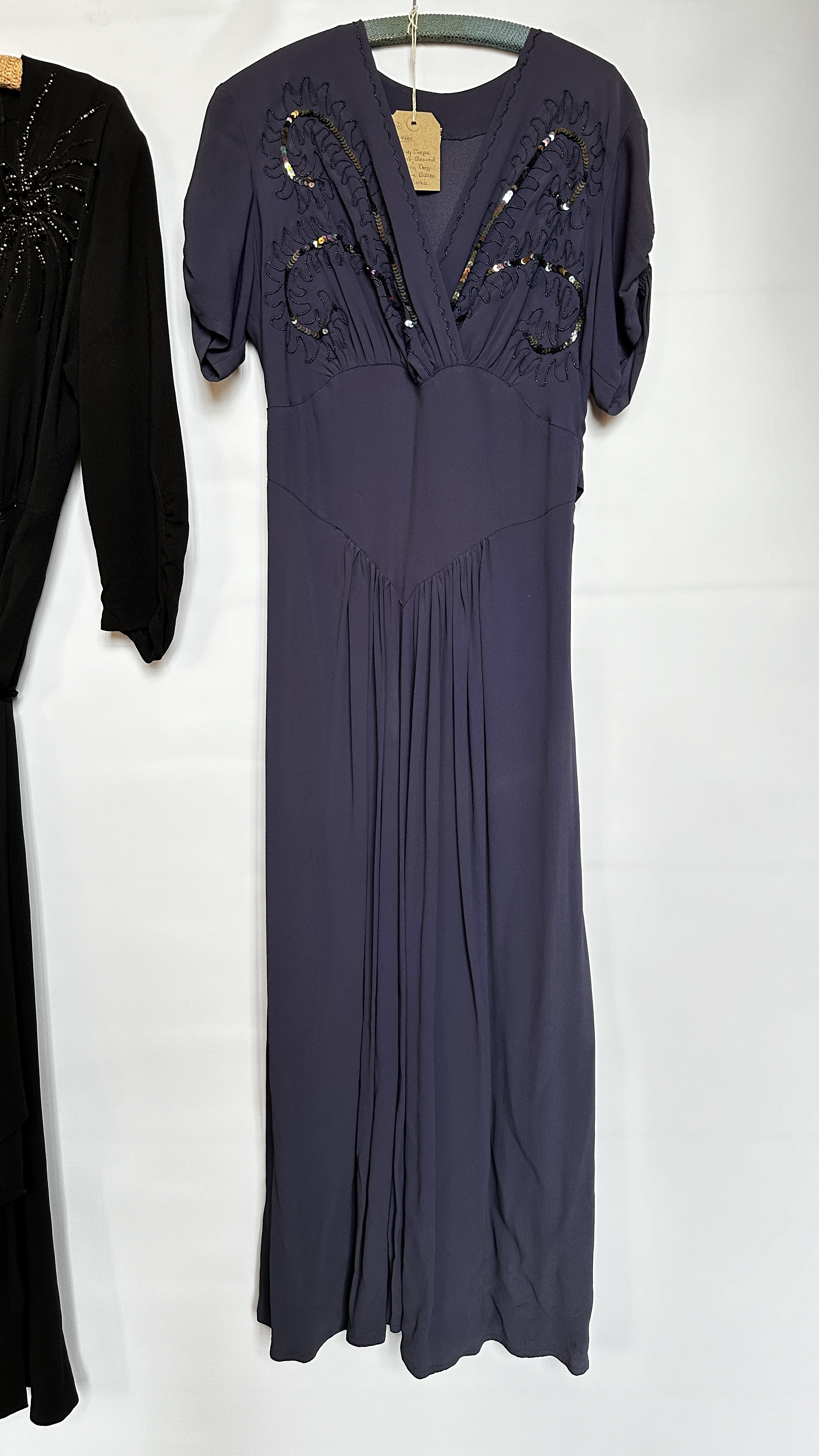 1940S NAVY CREPE EVENING DRESS, BLUE SEQUINS ON BODICE AND A 1940S BLACK CREPE EVENING DRESS, - Image 2 of 26