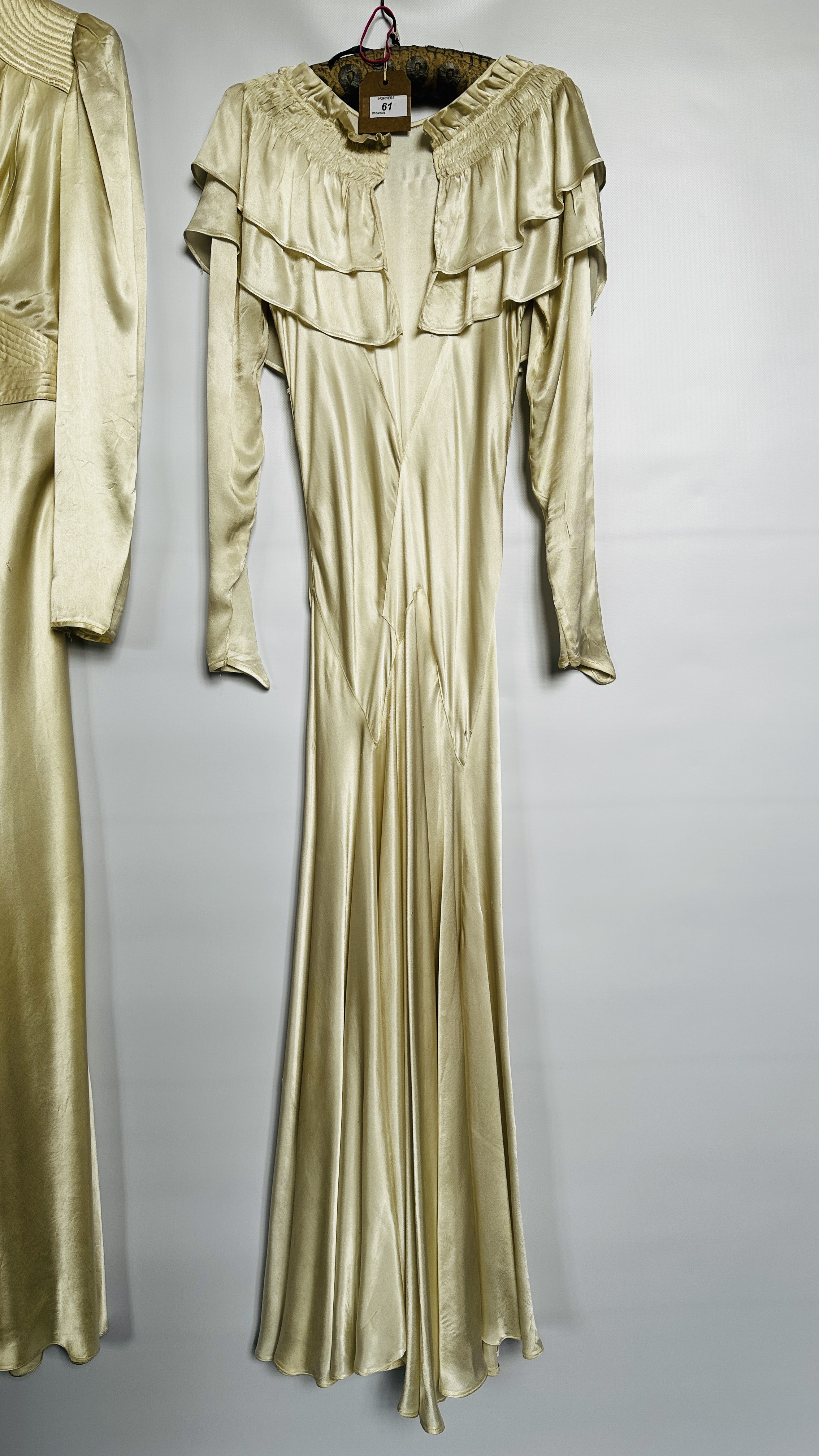 1940S CREAM SATIN GOWN, FRILLED NECKLINE, LONG SLEEVES AND A 1940S CREAM SATIN GOWN, - Image 2 of 31