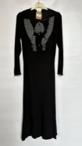 1930S BLACK CREPE DRESS WITH WHITE SPOT DESIGN TO FRONT - A/F CONDITION, SOLD AS SEEN.