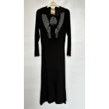 1930S BLACK CREPE DRESS WITH WHITE SPOT DESIGN TO FRONT - A/F CONDITION, SOLD AS SEEN.