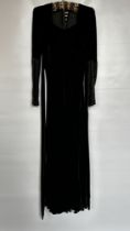 1930S BLACK SILK VELVET GOWN - JET BEADING ON LONG SLEEVES,