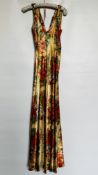 1930S CREAM & RED SATIN EVENING GOWN WITH CORAL/BLUE/GREEN FLOWERED DESIGN,