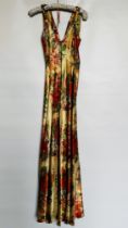 1930S CREAM & RED SATIN EVENING GOWN WITH CORAL/BLUE/GREEN FLOWERED DESIGN,