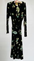 1930S BLACK ELEPHANT CREPE COCKTAIL DRESS - TURQUOISE FLOWERED DESIGN, LARGE CHIFFON BOW,