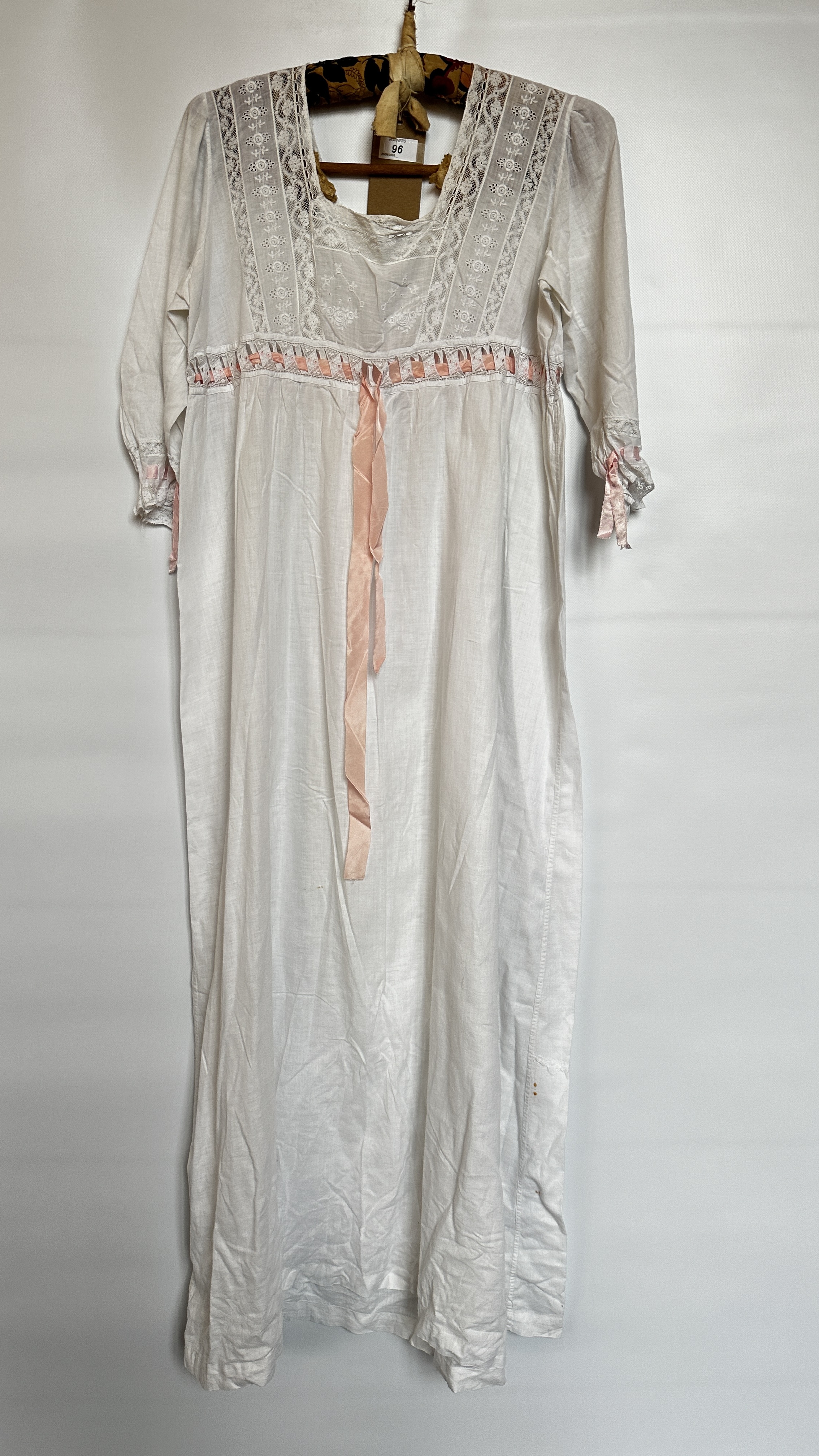 EDWARDIAN WHITE EMBROIDERED AND LACE NIGHTDRESS WITH PINK RIBBON TO SLEEVE AND BODICE - A/F