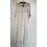 EDWARDIAN WHITE EMBROIDERED AND LACE NIGHTDRESS WITH PINK RIBBON TO SLEEVE AND BODICE - A/F