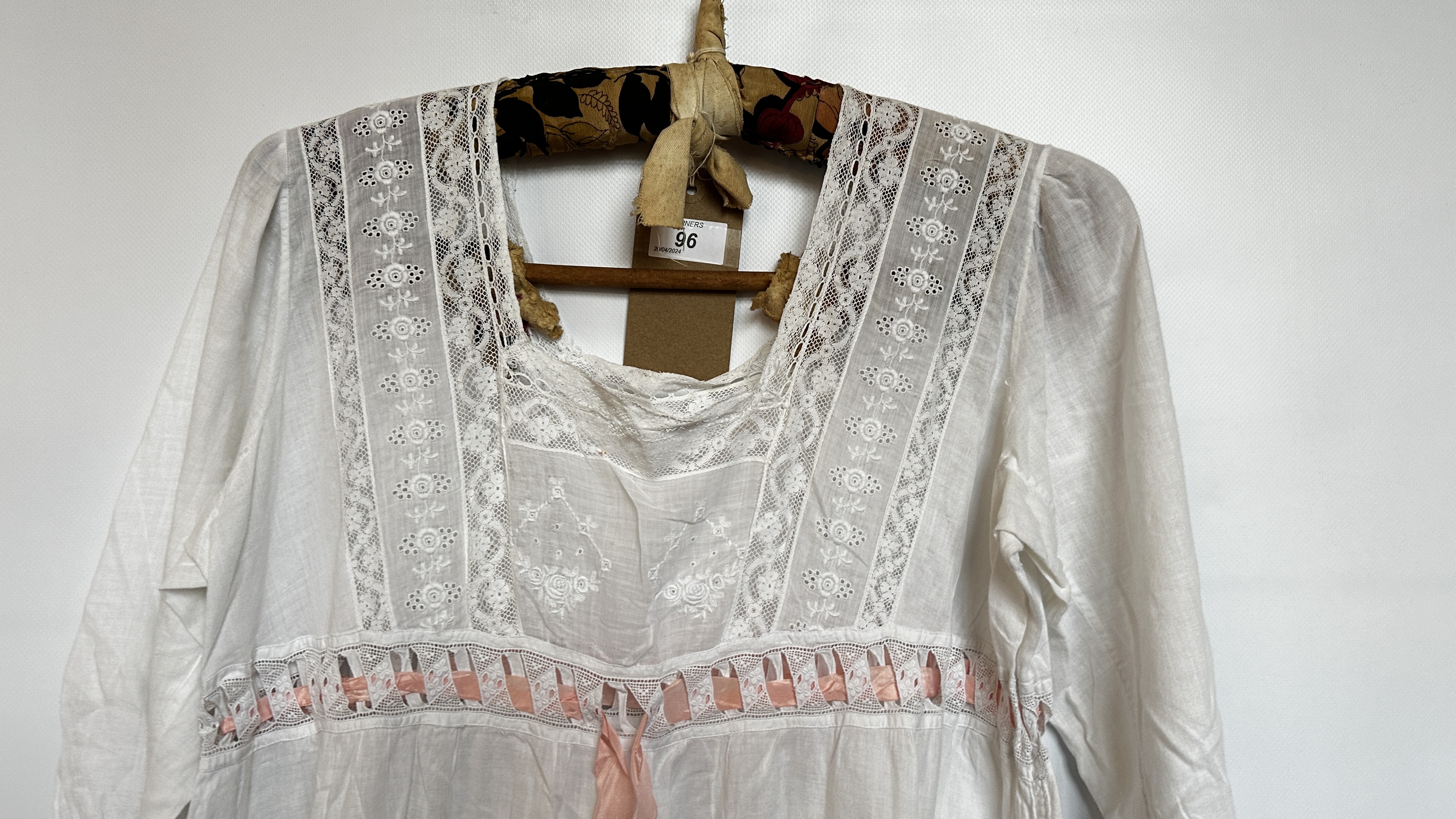 EDWARDIAN WHITE EMBROIDERED AND LACE NIGHTDRESS WITH PINK RIBBON TO SLEEVE AND BODICE - A/F - Image 2 of 27