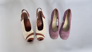 2 PAIRS OF LADY’S SHOES - 1940S TAN & WHITE LEATHER SLINGBACKS AND 1960S PURPLE SUEDE WITH LEATHER