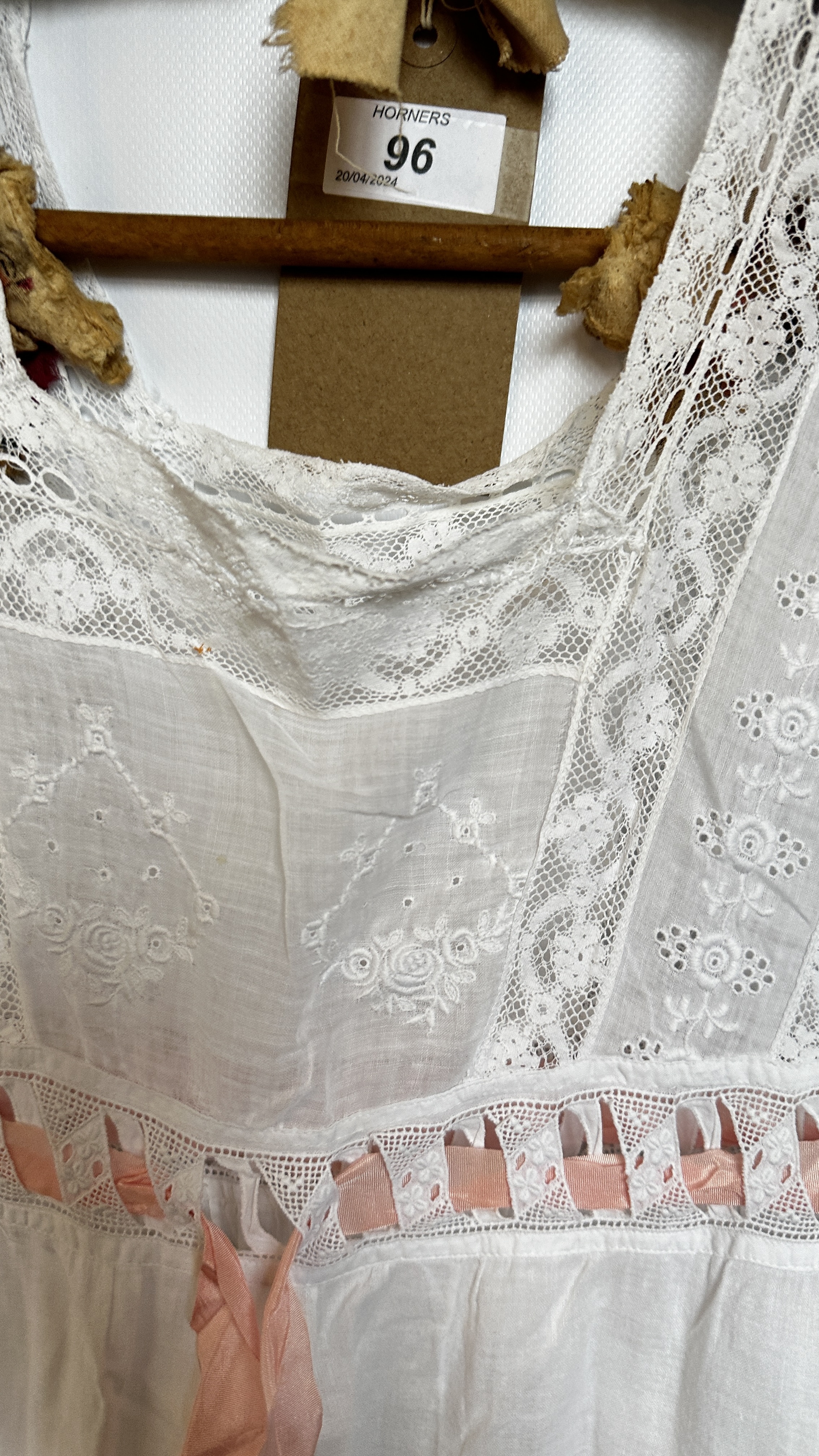 EDWARDIAN WHITE EMBROIDERED AND LACE NIGHTDRESS WITH PINK RIBBON TO SLEEVE AND BODICE - A/F - Image 11 of 27