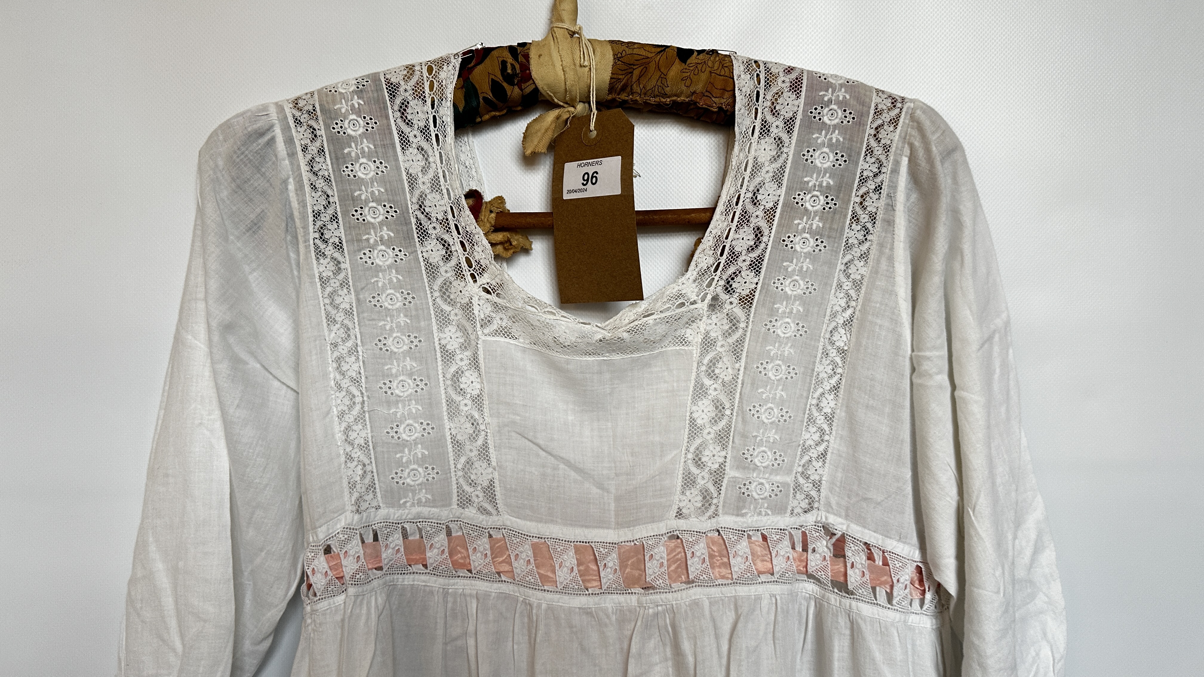 EDWARDIAN WHITE EMBROIDERED AND LACE NIGHTDRESS WITH PINK RIBBON TO SLEEVE AND BODICE - A/F - Image 16 of 27