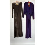 1940S PURPLE EVENING DRESS & BOLORO JACKET WITH SEQUIN DECORATION ON BODICE AND JACKET AND A 1940S