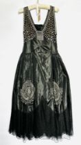 1930S BLACK SILK, LACE & TAFFETA EVENING GOWN - DECORATION OF MOONSTONES & GREEN STONES,