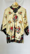 1920S CREAM SATIN CHINESE PYJAMAS, HEAVILY EMBROIDERED WITH FLOWERS, BLACK EMBROIDERED AT NECKLINE,