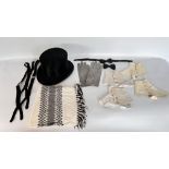 1920S GREENS (NCH) LTD BLACK TOP HAT, GREY GLOVES, WHITE WITH BLACK PATTERNED SCARF,