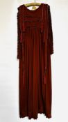 1960S JEAN VARON LONG BROWN DRESS - FRILLED & TASSELLED DESIGN TO SLEEVES & BODICE,