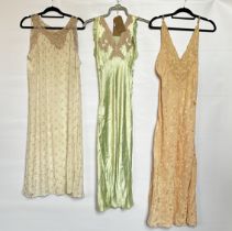 3 1930S NIGHTDRESSES, ONE PEACH SILK (STAINED),