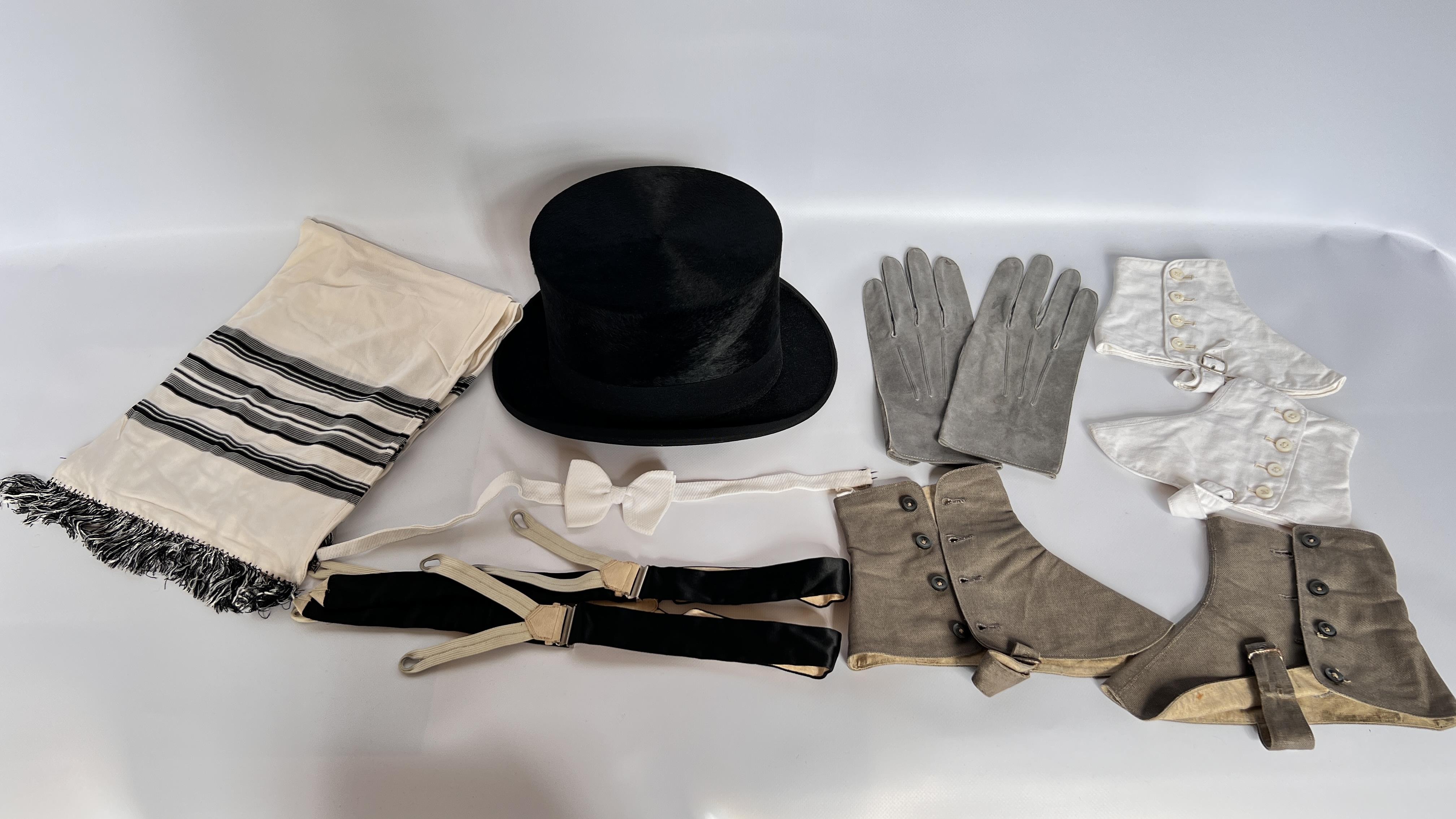 1920S SCOTT & CO BLACK TOP HAT, GREY GLOVES, WHITE WITH BLACK PATTERNED SCARF,