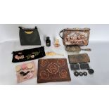 THREE ASSORTED HANDBAGS, 4 ASSORTED PURSES, BIBA SCENT BOTTLE (EMPTY), SALVADOR DALI SCENT BOTTLE,