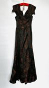 1950S CLASSIC BLACK/PINK SILK BROCADE EVENING GOWN, FLOWERED DESIGN WITH OVERSKIRT - A/F CONDITION,