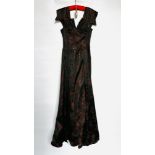 1950S CLASSIC BLACK/PINK SILK BROCADE EVENING GOWN, FLOWERED DESIGN WITH OVERSKIRT - A/F CONDITION,