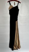 1940S CLASSIC BLACK VELVET & SILK EVENING GOWN WITH PINK SPOT TRIM ON BODICE AND WAISTLINE TO