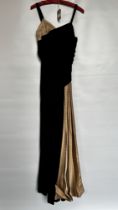 1940S CLASSIC BLACK VELVET & SILK EVENING GOWN WITH PINK SPOT TRIM ON BODICE AND WAISTLINE TO