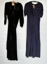 1940S NAVY CREPE EVENING DRESS, BLUE SEQUINS ON BODICE AND A 1940S BLACK CREPE EVENING DRESS,