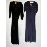 1940S NAVY CREPE EVENING DRESS, BLUE SEQUINS ON BODICE AND A 1940S BLACK CREPE EVENING DRESS,