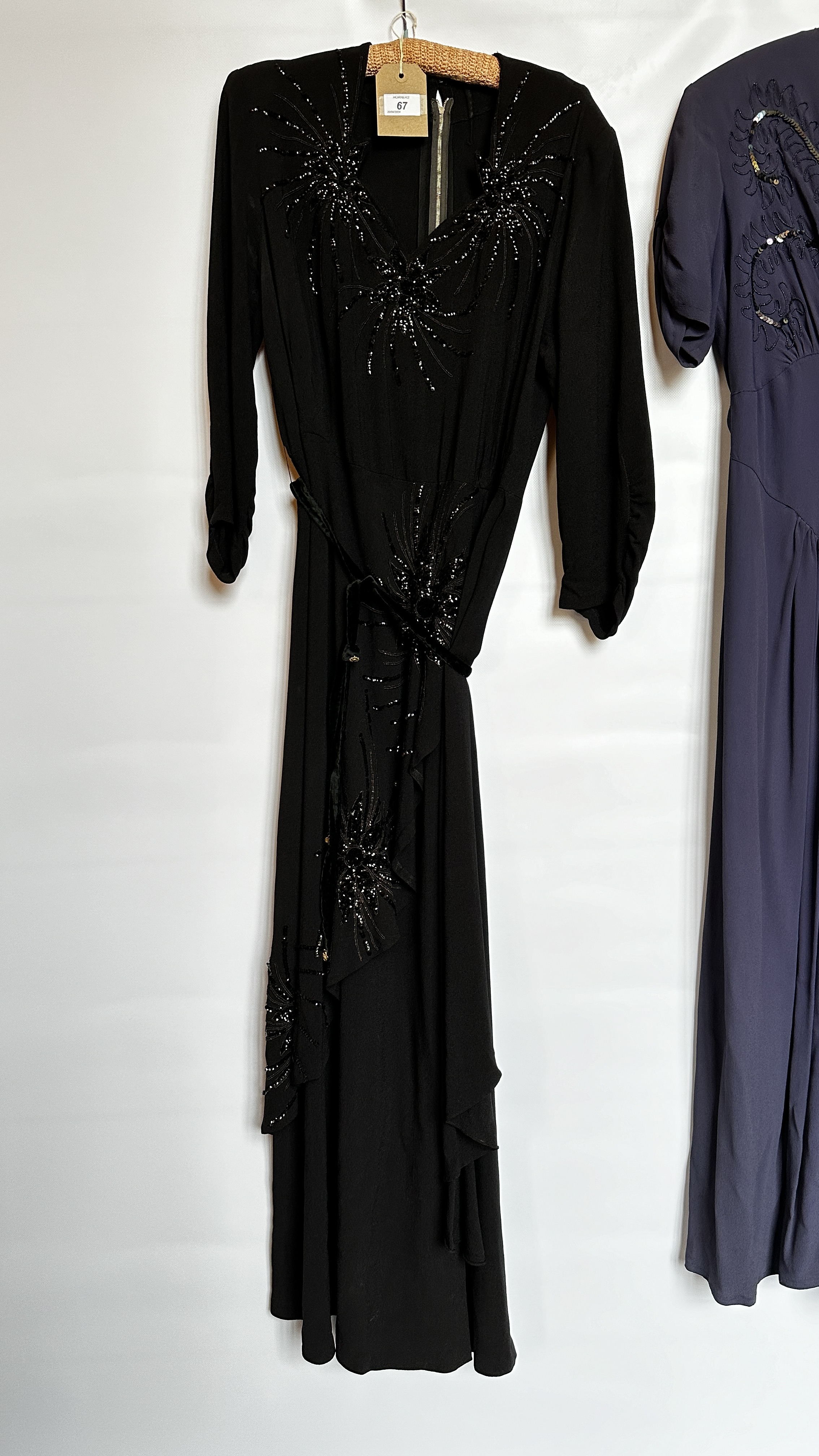 1940S NAVY CREPE EVENING DRESS, BLUE SEQUINS ON BODICE AND A 1940S BLACK CREPE EVENING DRESS, - Image 9 of 26