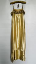 1920S CREAM SATIN EVENING DRESS, PEARL DECORATION ON BODICE & TIERED HEMLINE - A/F CONDITION,