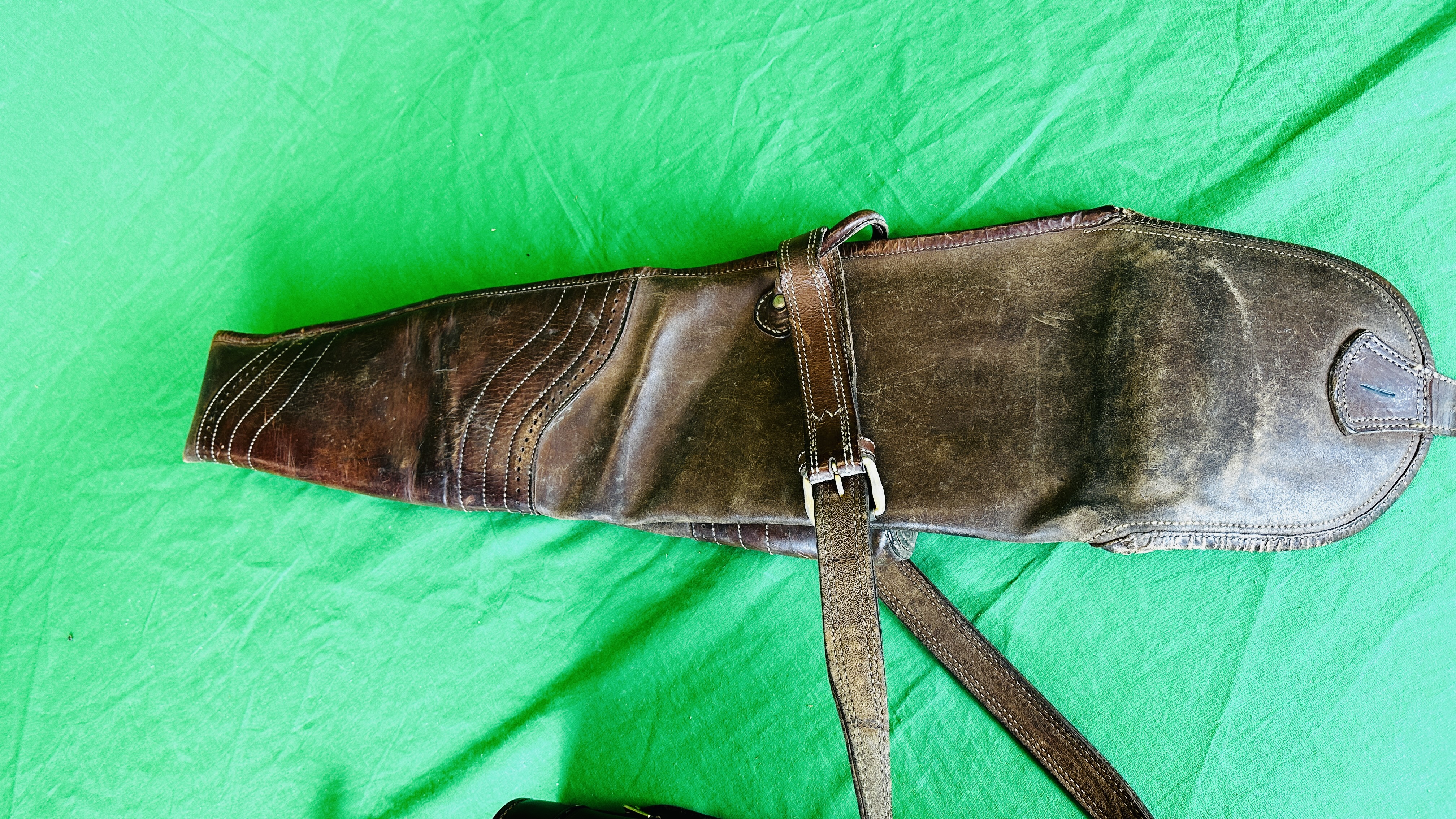PAIR LEATHER GAITERS, LEATHER SHOTGUN SLIP AND TAN LEATHER FLASK HOLDER. - Image 9 of 10