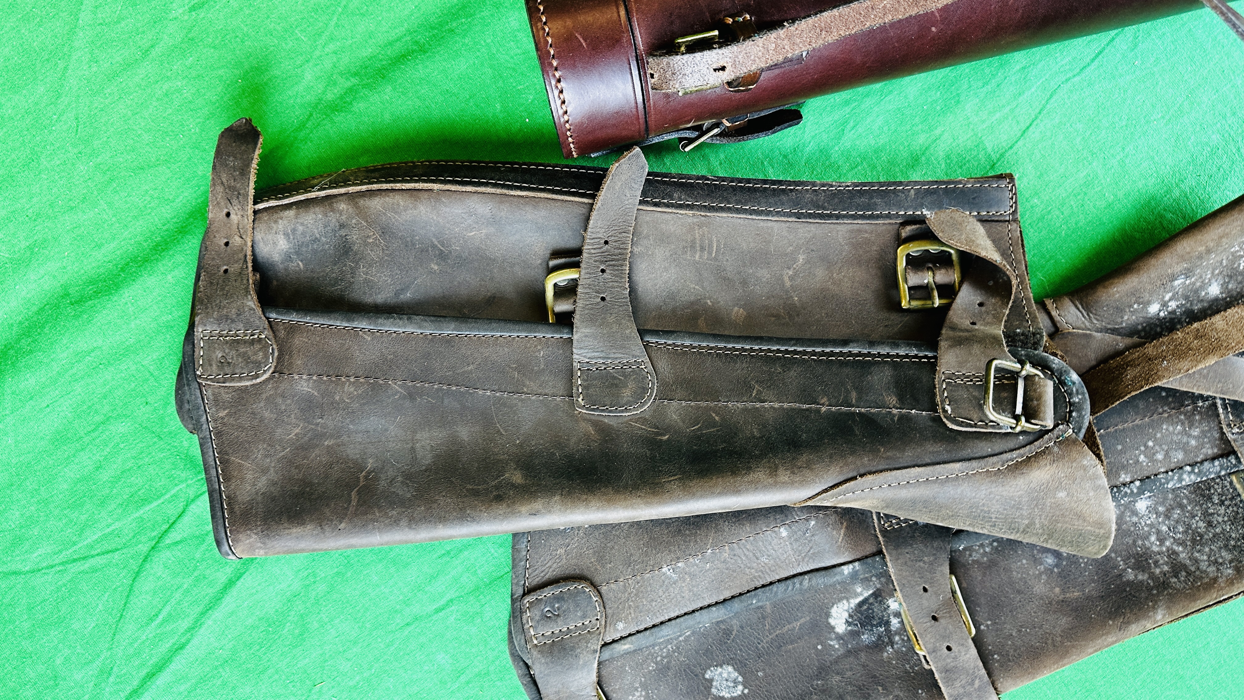 PAIR LEATHER GAITERS, LEATHER SHOTGUN SLIP AND TAN LEATHER FLASK HOLDER. - Image 3 of 10