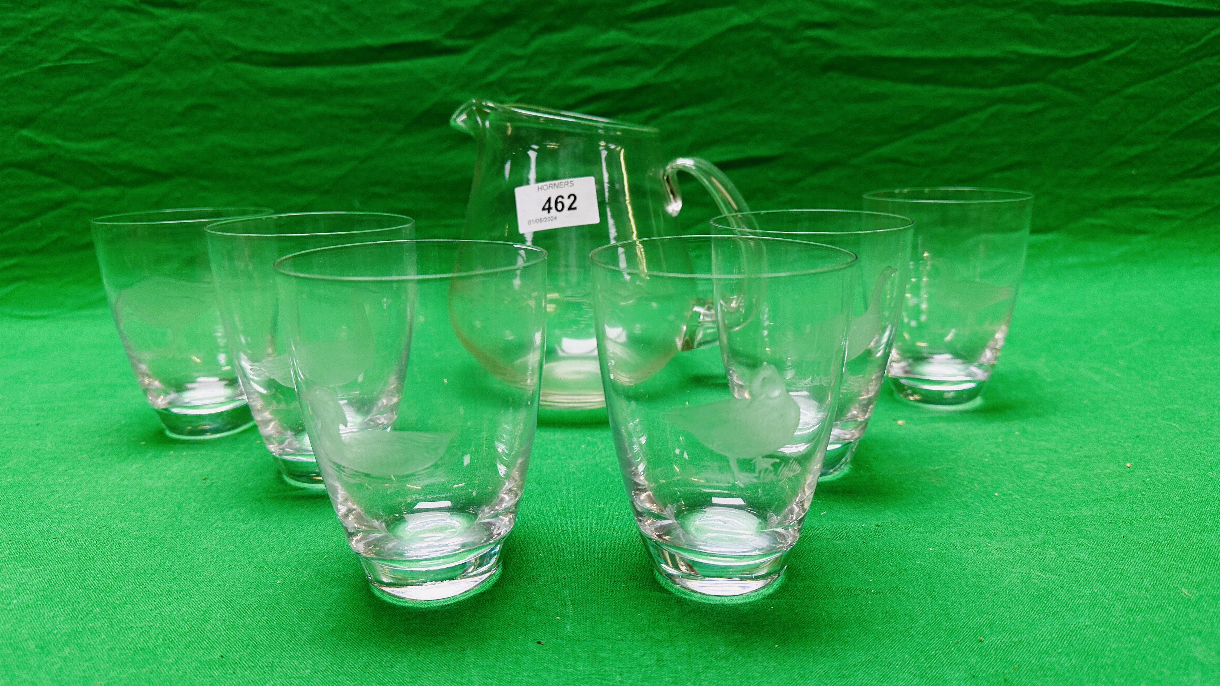 A HAND BLOWN WATER JUG AND SIX SPIRIT TUMBLERS, - Image 7 of 7