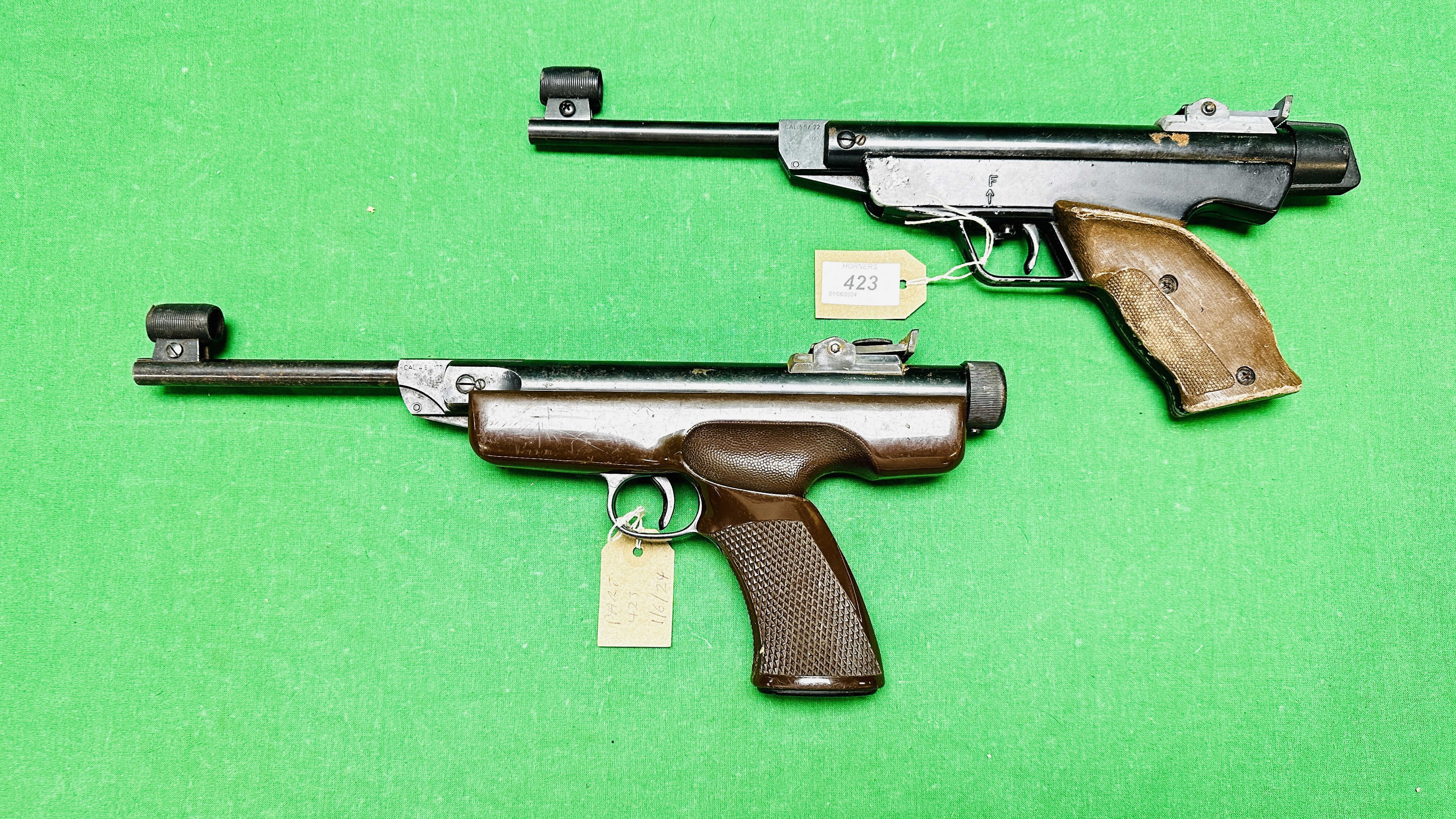 TWO VINTAGE ORIGINAL AIR PISTOLS TO INCLUDE MODEL 5G .22 CALIBRE AND MODEL 5 .
